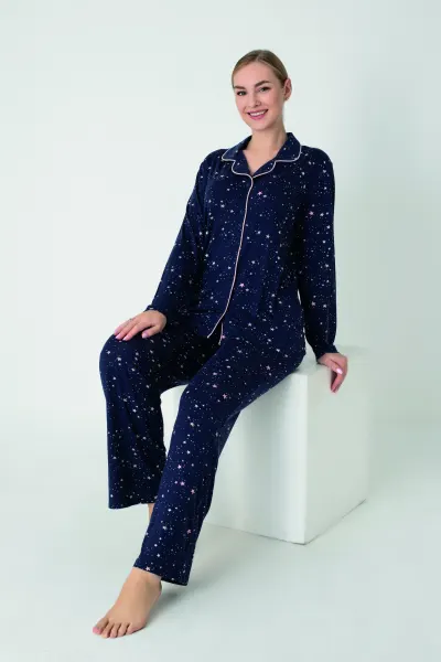 Kadın Viskon Önü Düğmeli Uzunkol Pijama Takım C840-901