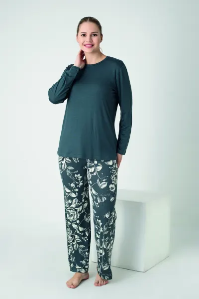 Kadın Viskon Bisiklet Yaka Uzunkol Pijama Takım C840-909