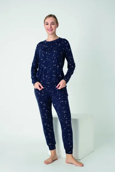 Kadın Viskon Bisiklet Yaka Uzunkol Pijama Takım C840-902