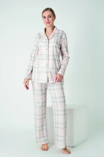 Kadın Penye Süprem Önü Düğmeli Uzunkol Pijama Takım C840-924