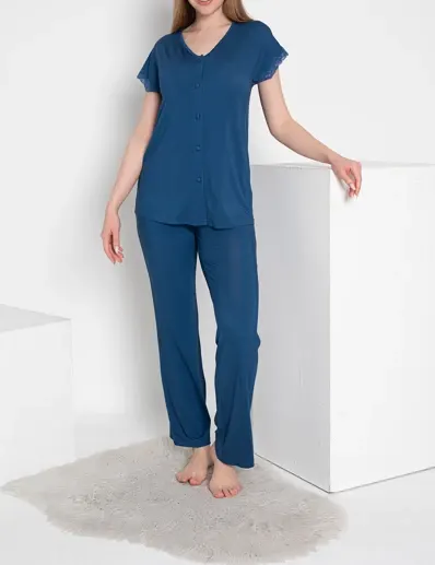 Kadın Önü Düğmeli Dantelli Pijama Takımı C840-787