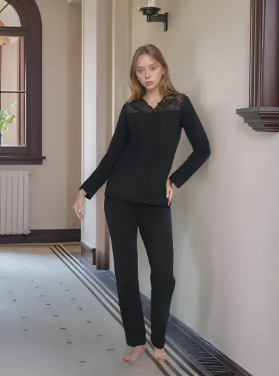 Kadın Uzunkol Dantelli Önü Düğmeli Pijama Takımı C840-243