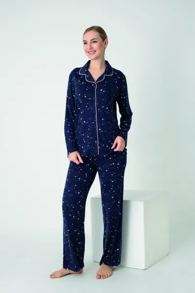 Kadın Viskon Önü Düğmeli Uzunkol Pijama Takım C840-901