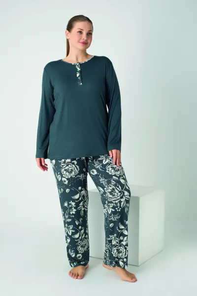 Kadın Battal Viskon Patlı Uzunkol Pijama Takım C840-912