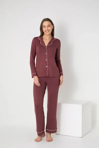 Kadın Uzunkol Viscon Önü Düğmeli Pijama Takımı C840-058
