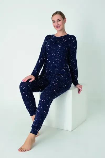 Kadın Viskon Bisiklet Yaka Uzunkol Pijama Takım C840-902