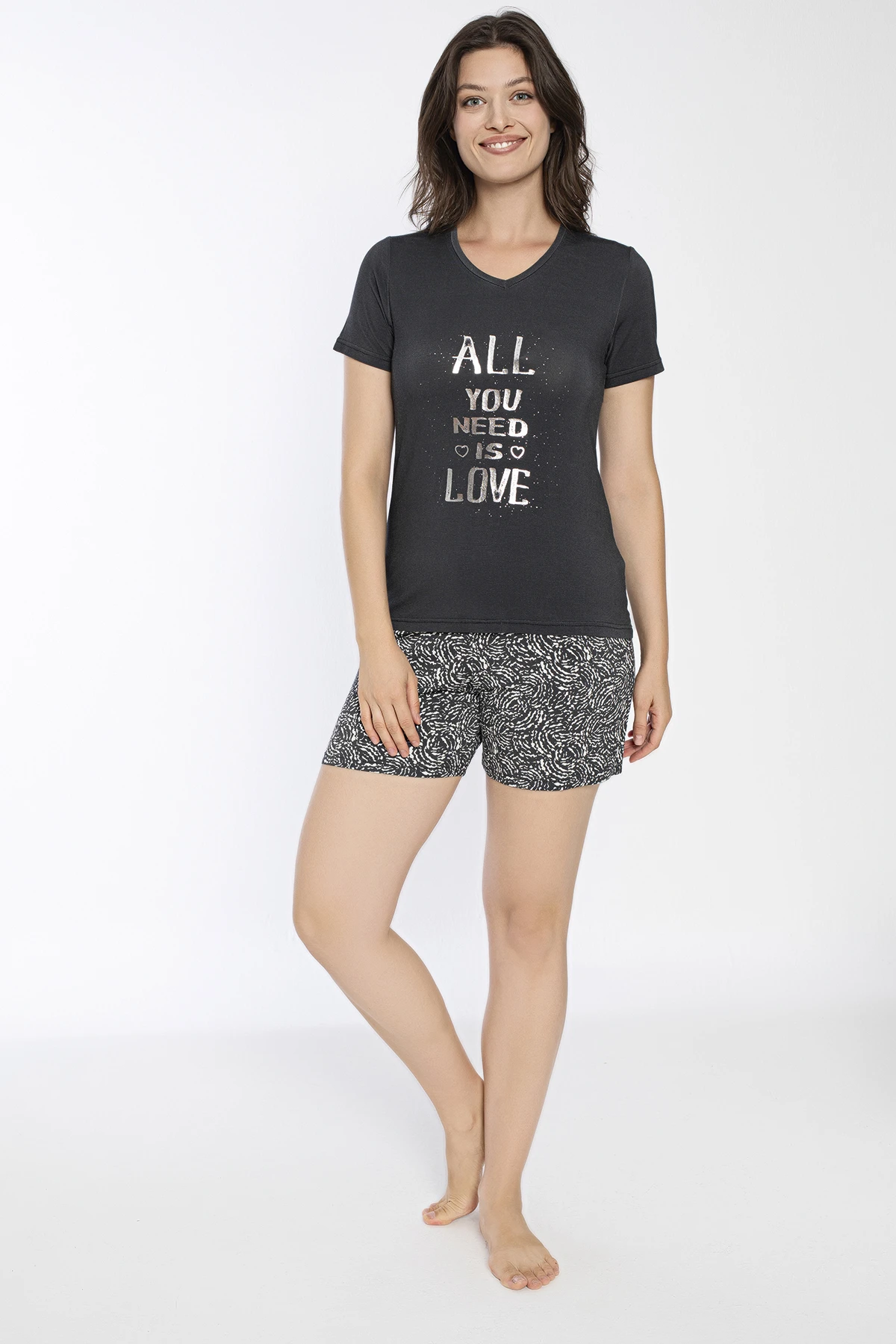 Kadın Viskon Kısakol Short Takım (Önü Baskılı) C840-710