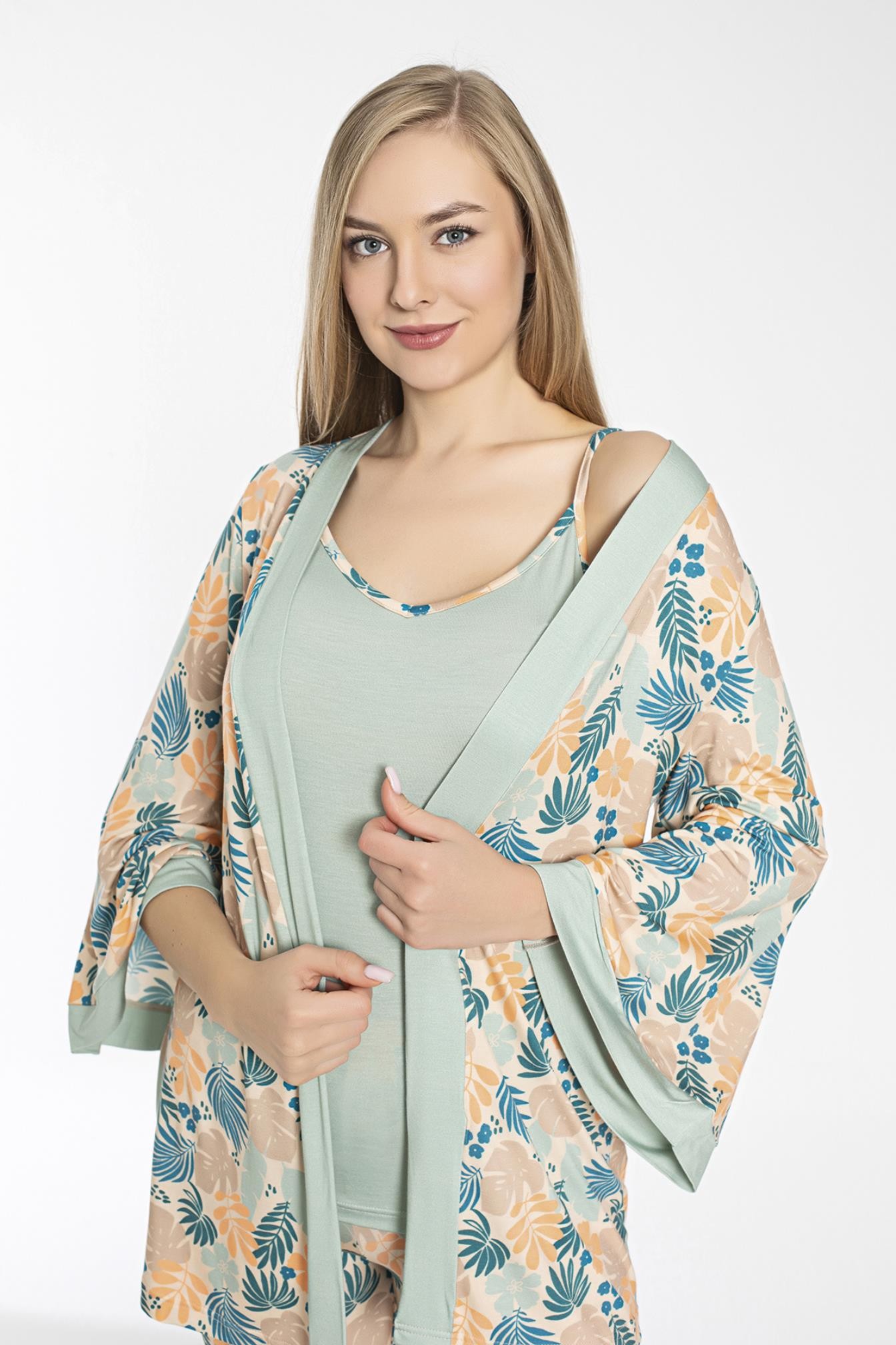 Kadın 3'lü İp Askılı Sabahlıklı Pijama Takımı C840-419