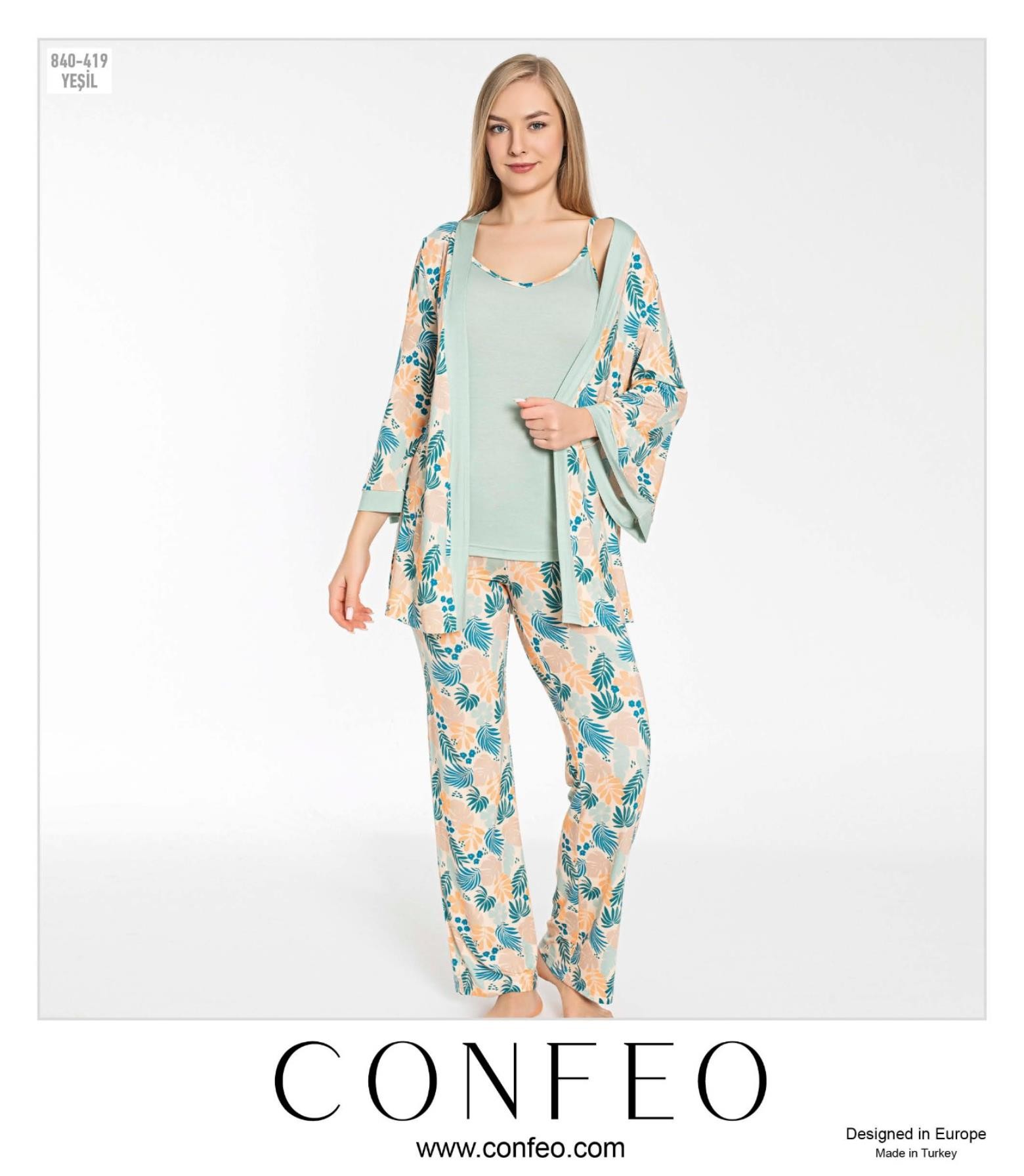 Kadın 3'lü İp Askılı Sabahlıklı Pijama Takımı C840-419
