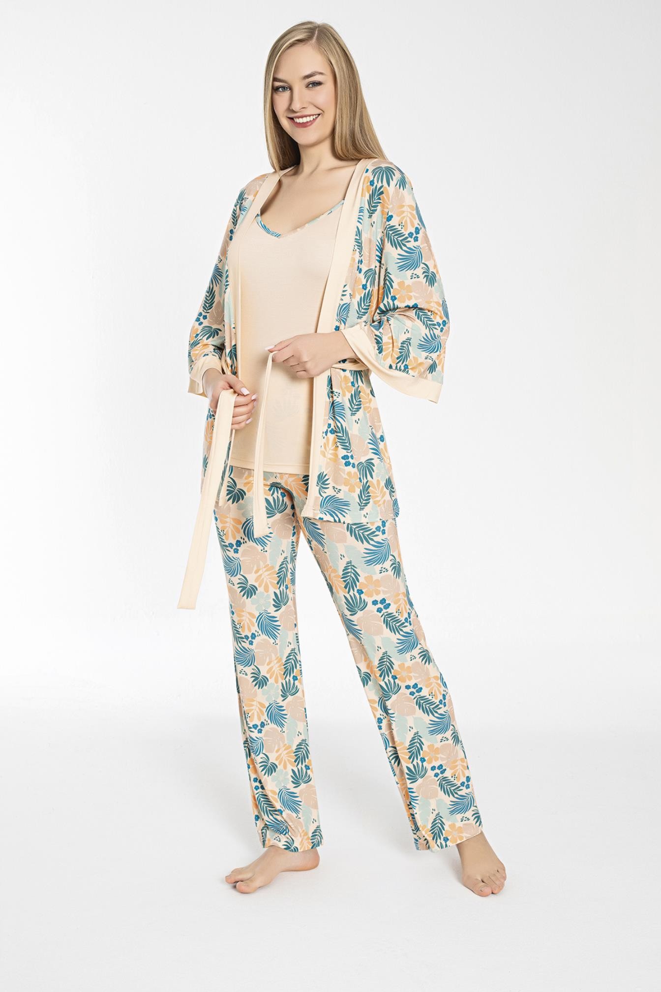 Kadın 3'lü İp Askılı Sabahlıklı Pijama Takımı C840-419