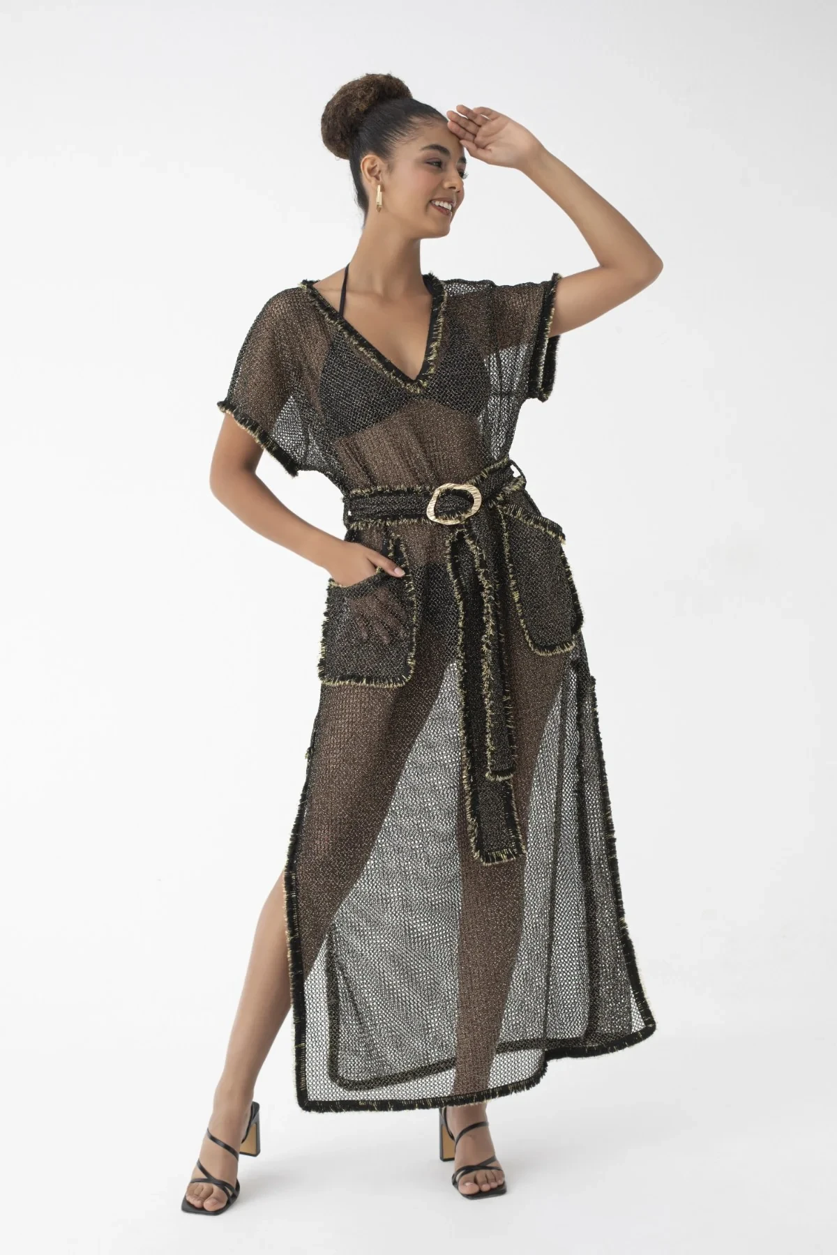 C860-004 KADIN KISAKOL KEMERLİ KAFTAN