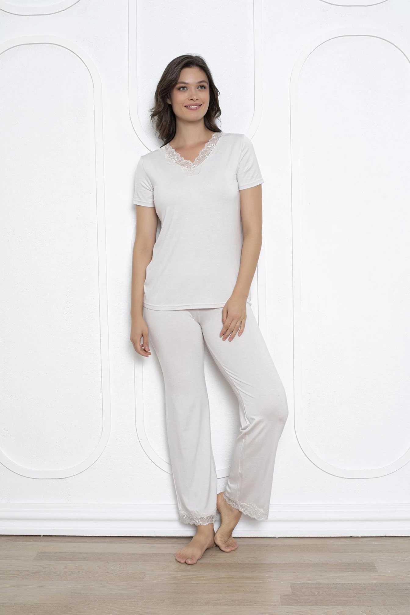 Kadın Viskon Dantelli Kısakol Pijama Takım C840-707