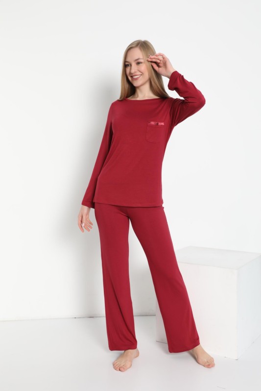 KADIN VİSKON SATEN BİYELİ BİSİKLET YAKA UZUNKOL PİJAMA C840-539