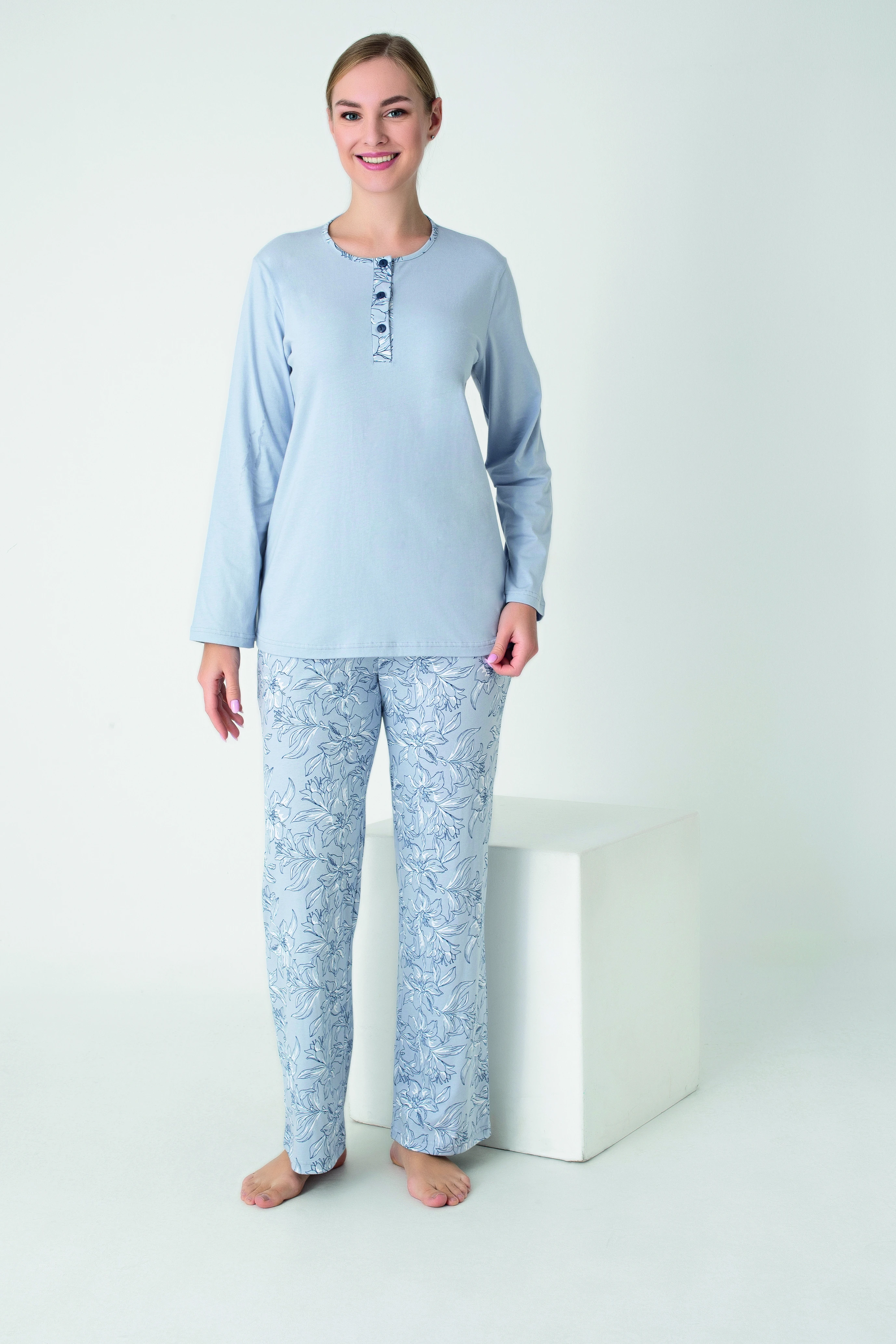 Kadın Penye Süprem Patlı Uzunkol Pijama Takım C840-931