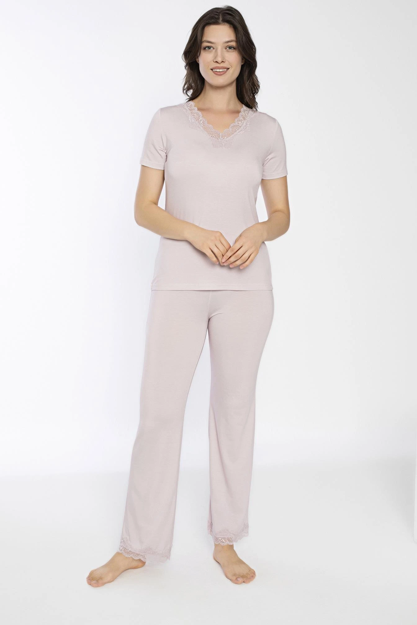 Kadın Viskon Dantelli Kısakol Pijama Takım C840-707