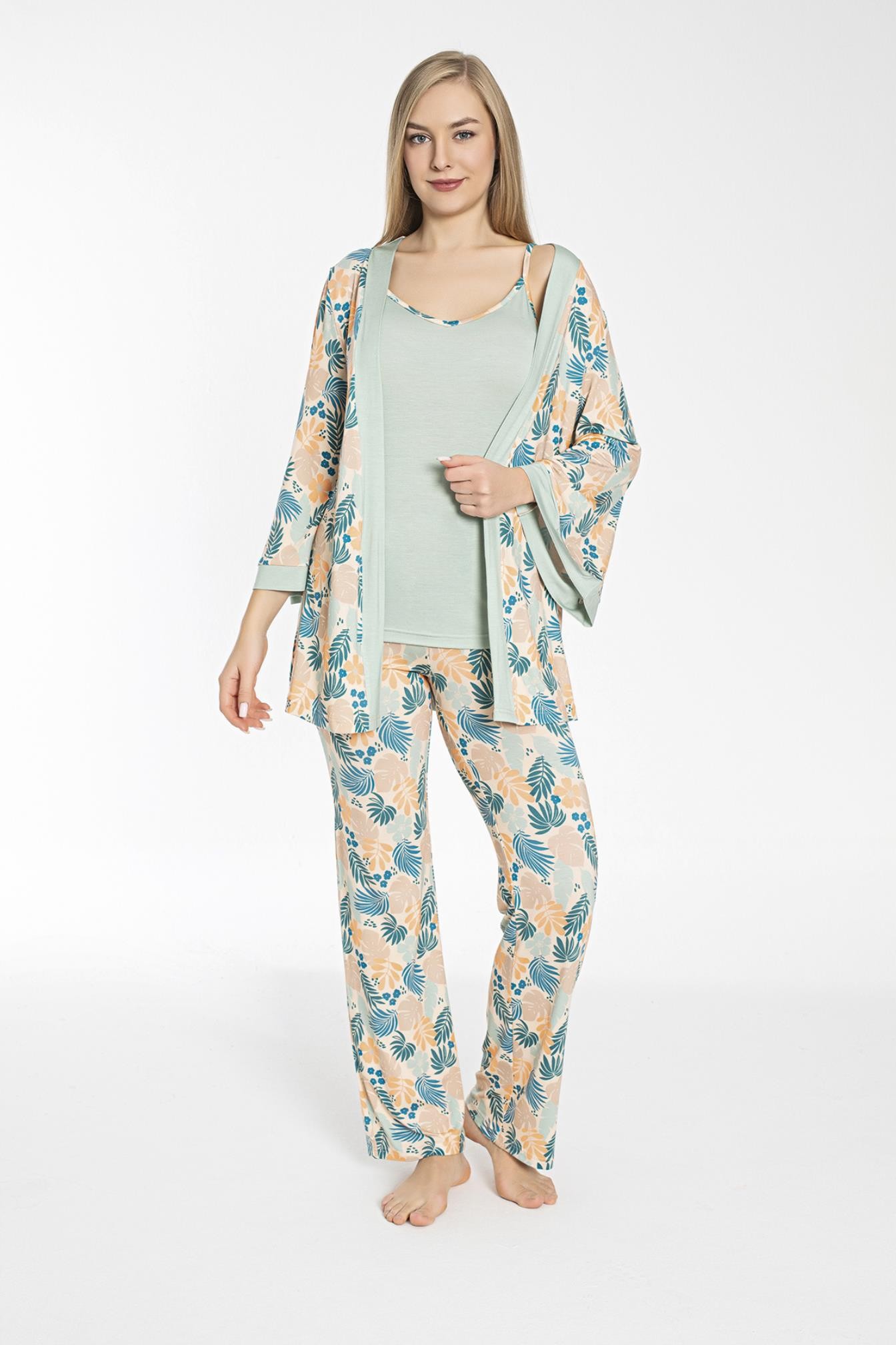 Kadın 3'lü İp Askılı Sabahlıklı Pijama Takımı C840-419
