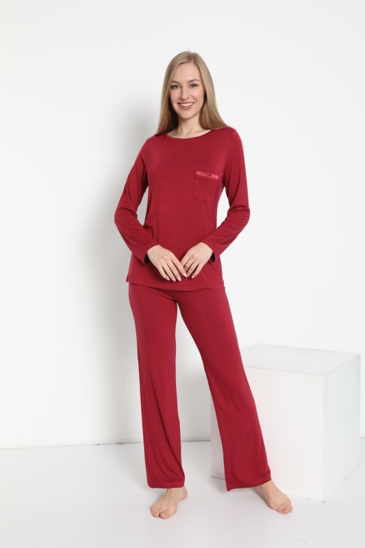 KADIN VİSKON SATEN BİYELİ BİSİKLET YAKA UZUNKOL PİJAMA C840-539