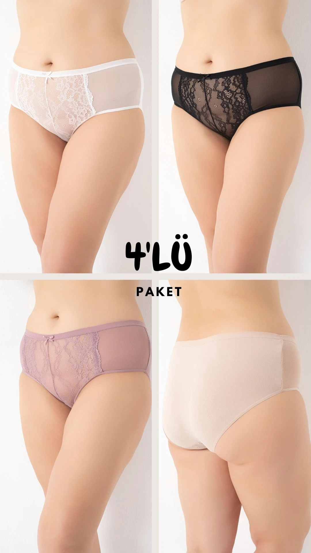 Kadın Büyük Beden Tüllü Dantelli Bato 4'lü Paket C804-504