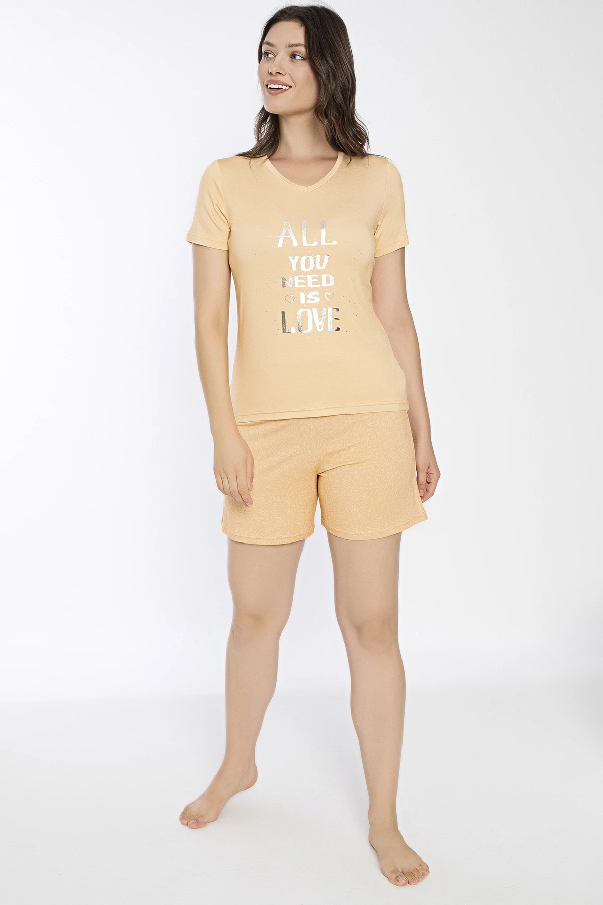 Kadın Viskon Kısakol Short Takım (Önü Baskılı) C840-710