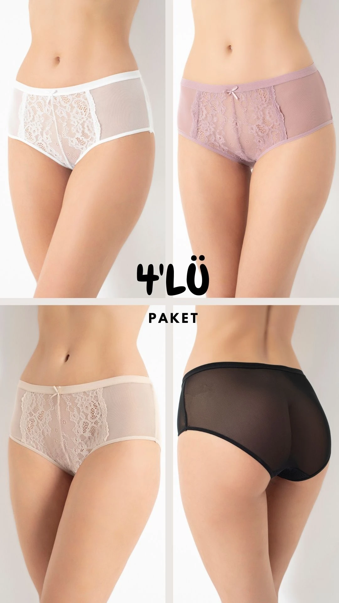 Kadın Tüllü Dantelli Bato Külot 4'lü Paket C804-505