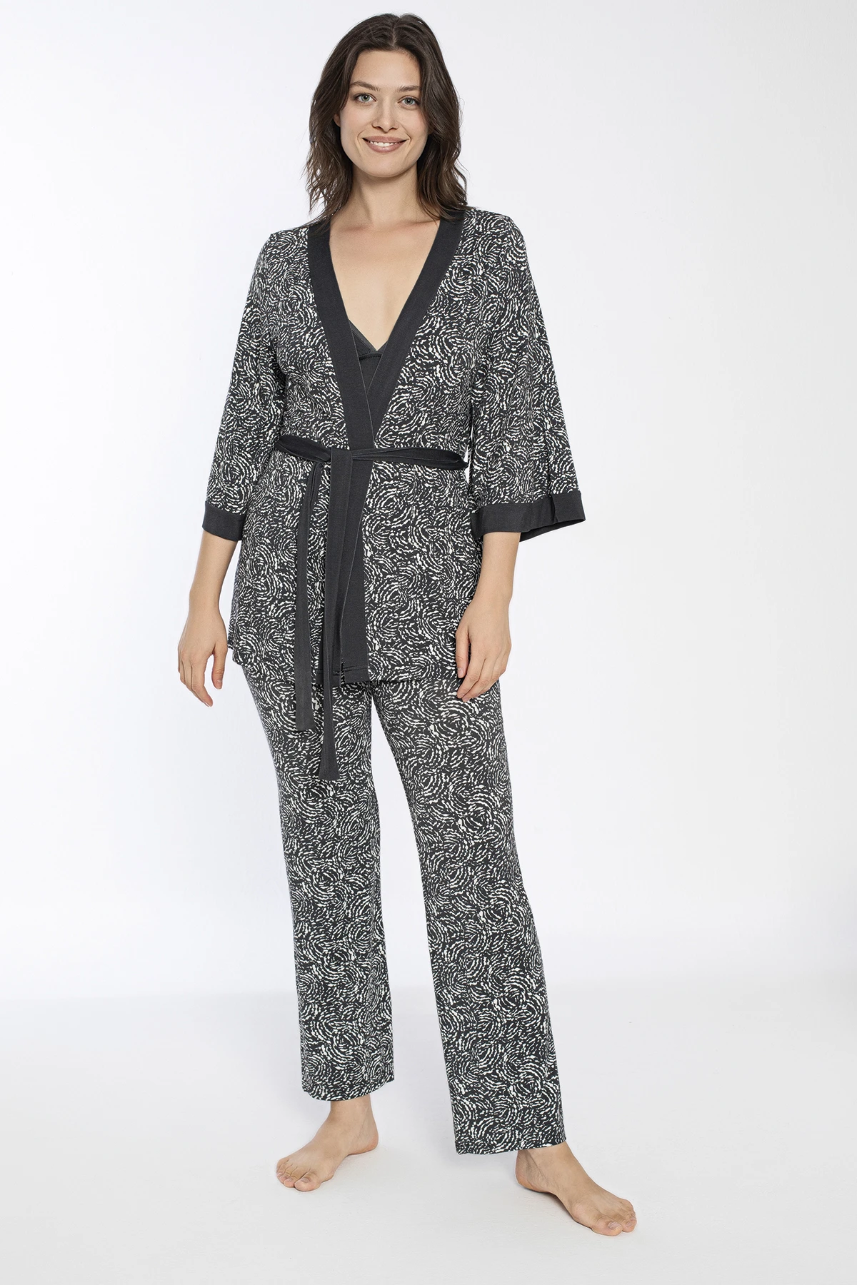 Kadın Viskon Krop Pijama+Sabahlık Takım C840-713
