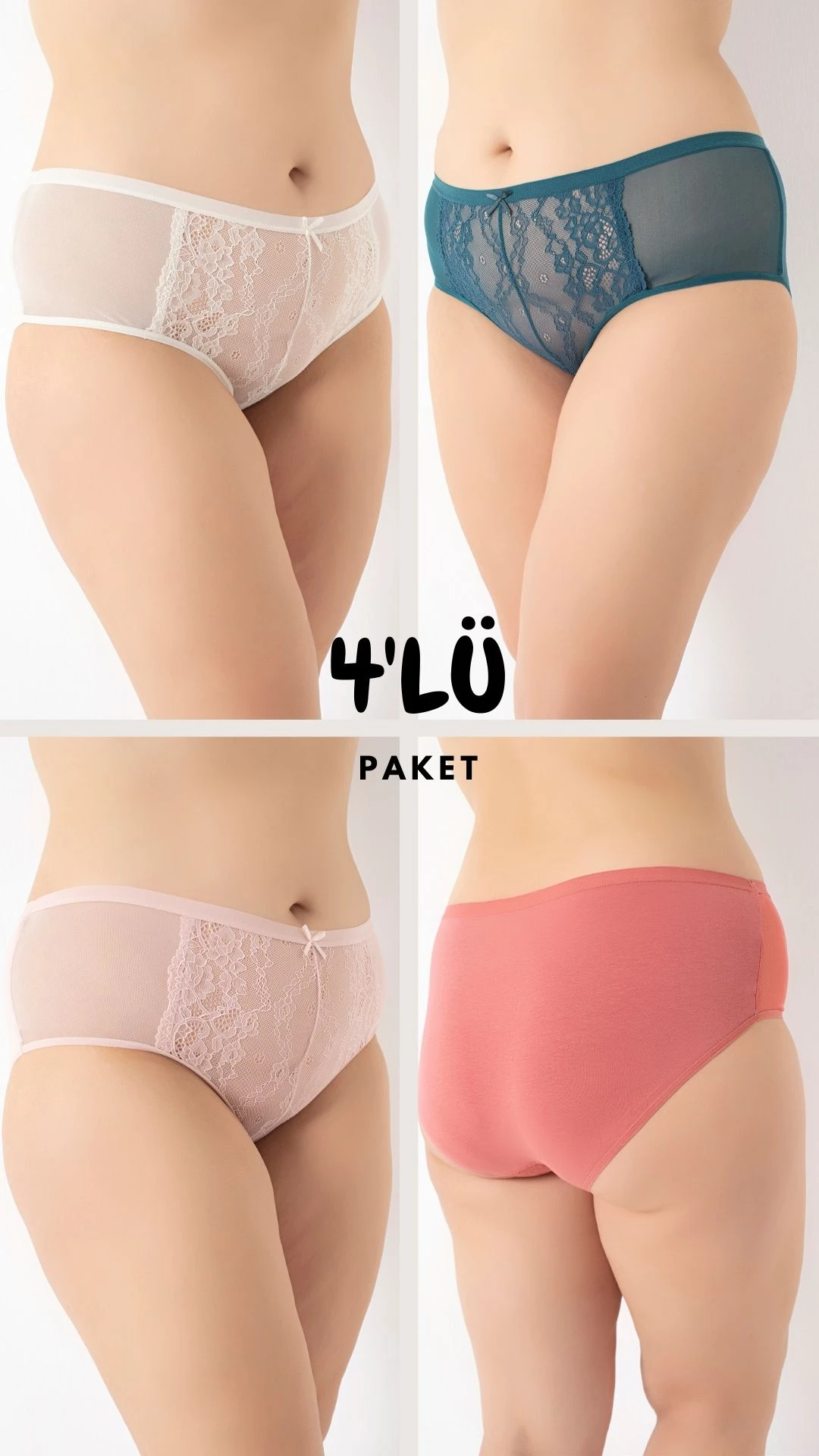 Kadın Büyük Beden Tüllü Dantelli Bato 4'lü Paket C804-504