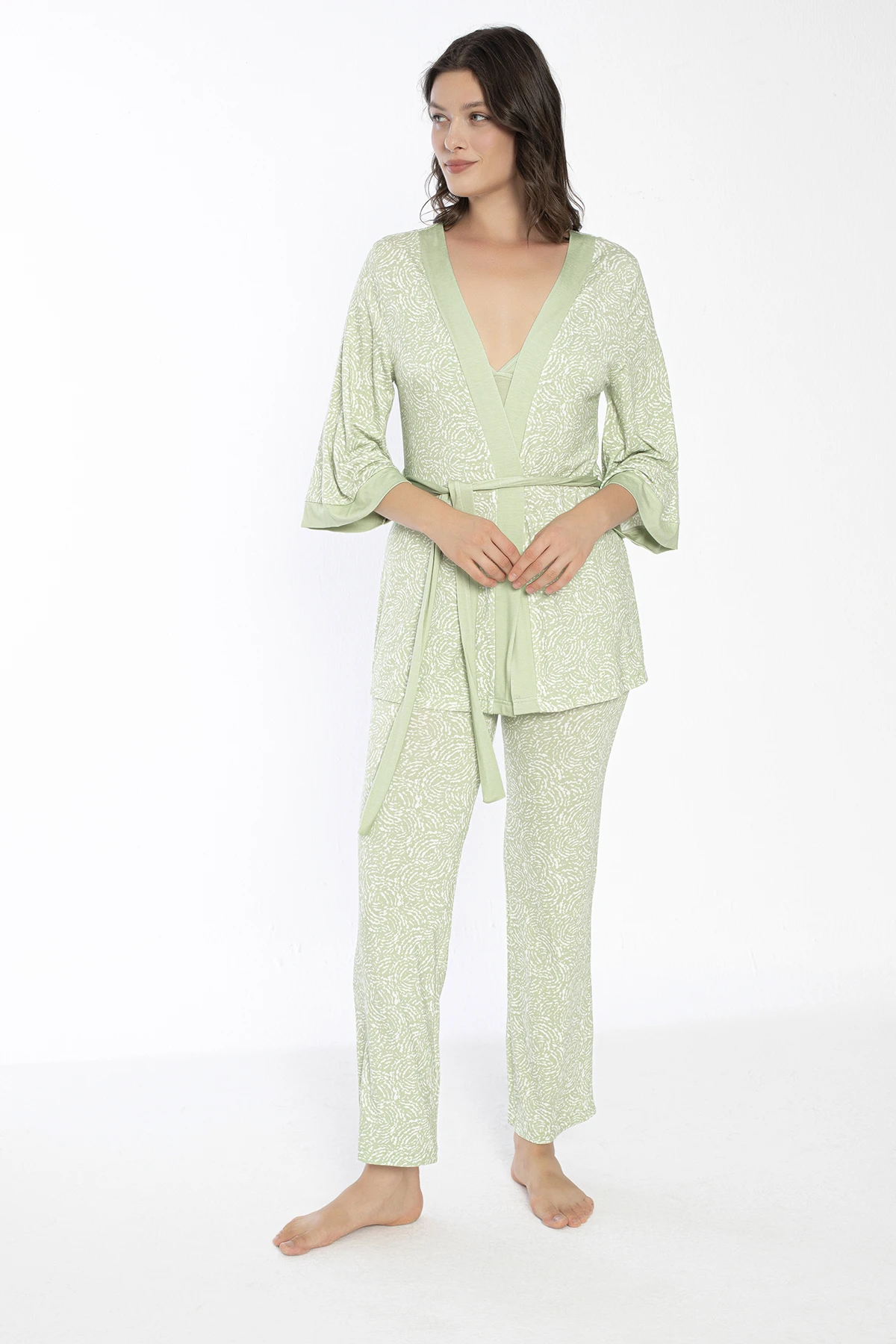 Kadın Viskon Krop Pijama+Sabahlık Takım C840-713