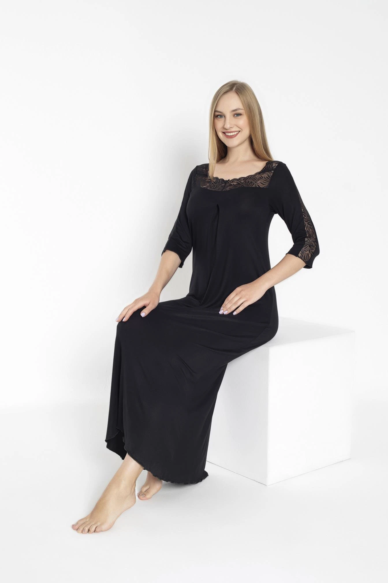 Kadın Yarımkol Dantellili Uzun Boy Gecelik Ev Elbisesi  C840-814