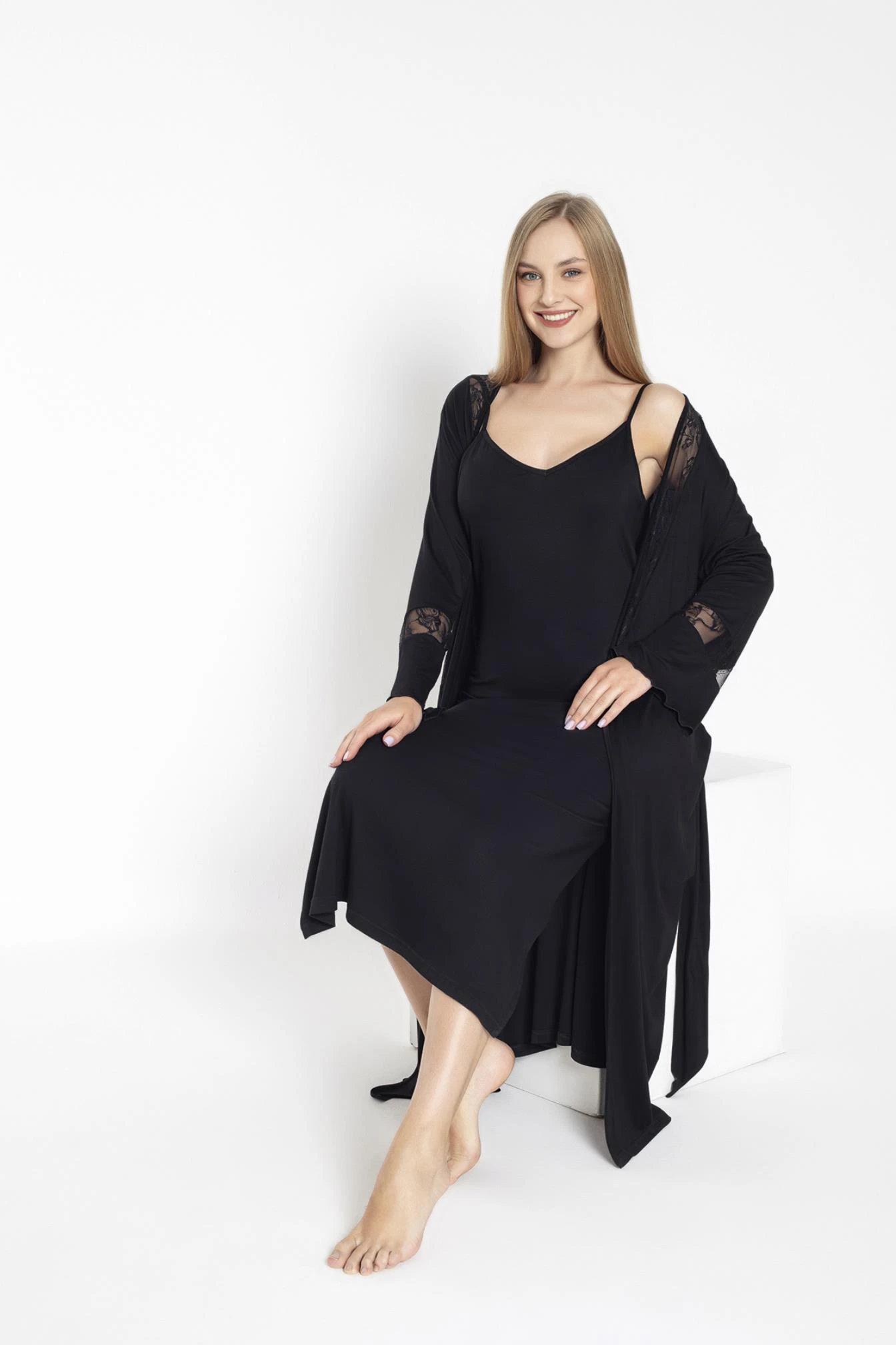 Kadın Viskon Dantelli İp Askılı Gecelik+Sabahlık TakımC840-812