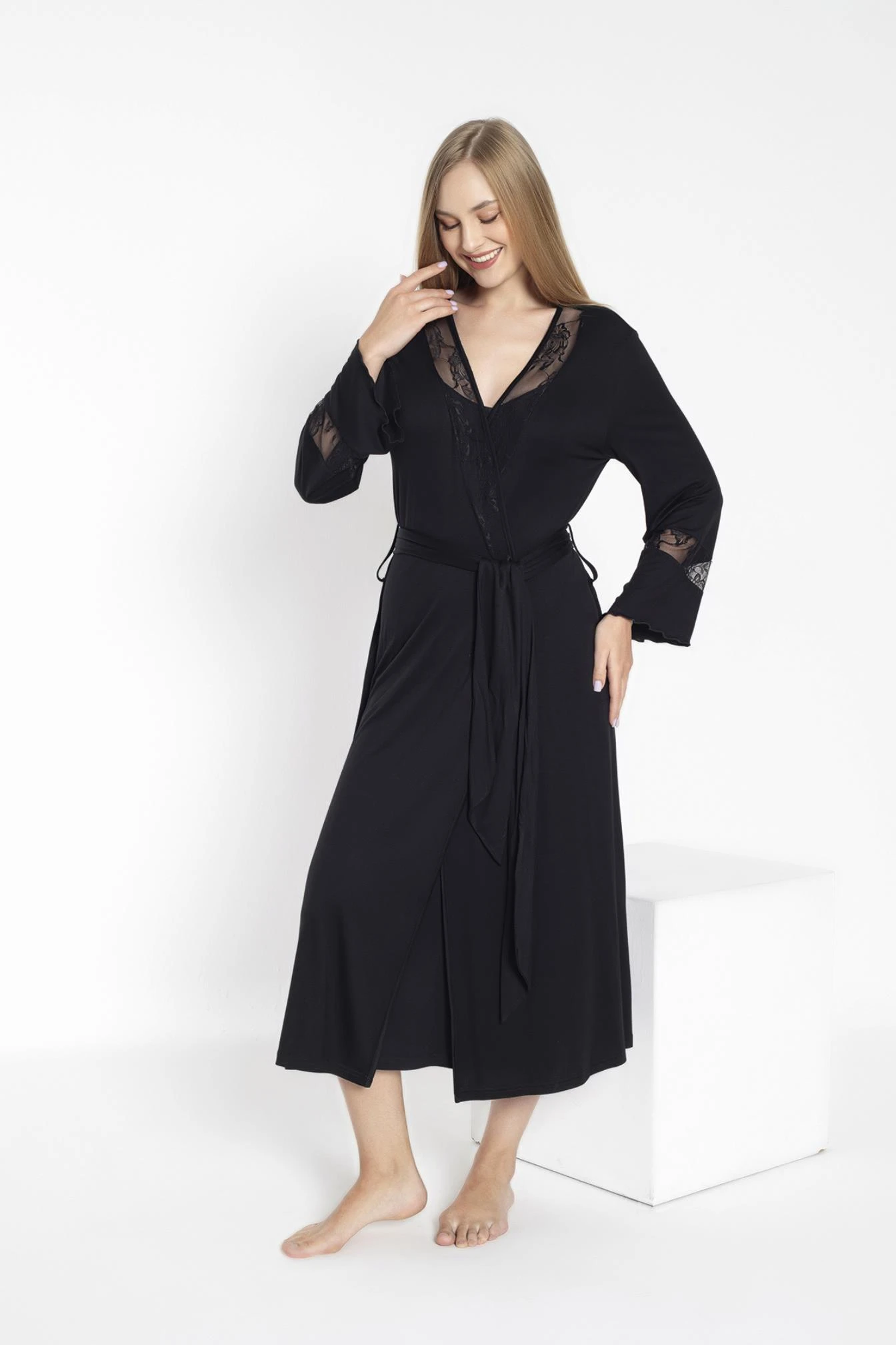 Kadın Viskon Dantelli İp Askılı Gecelik+Sabahlık TakımC840-812