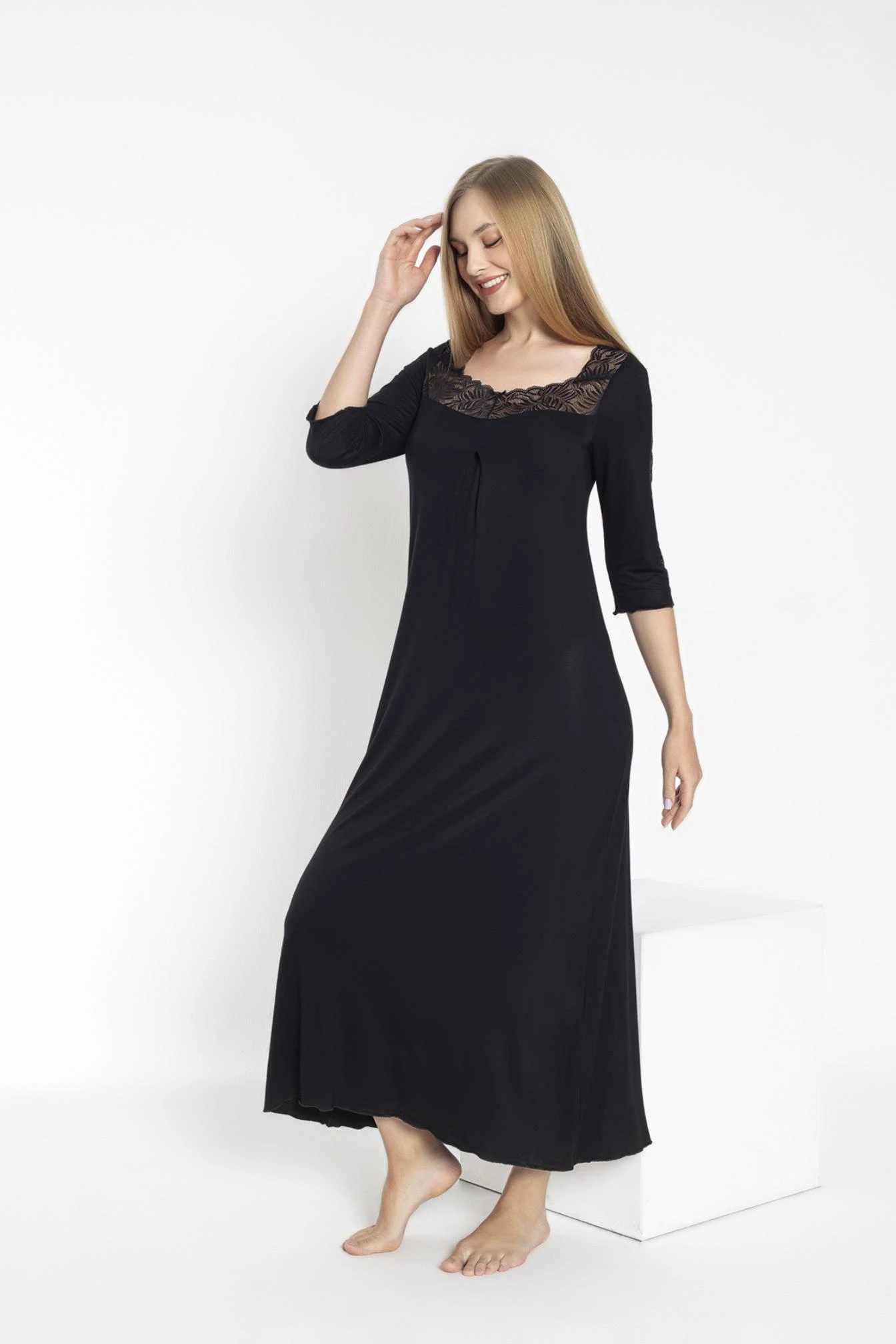 Kadın Yarımkol Dantellili Uzun Boy Gecelik Ev Elbisesi  C840-814