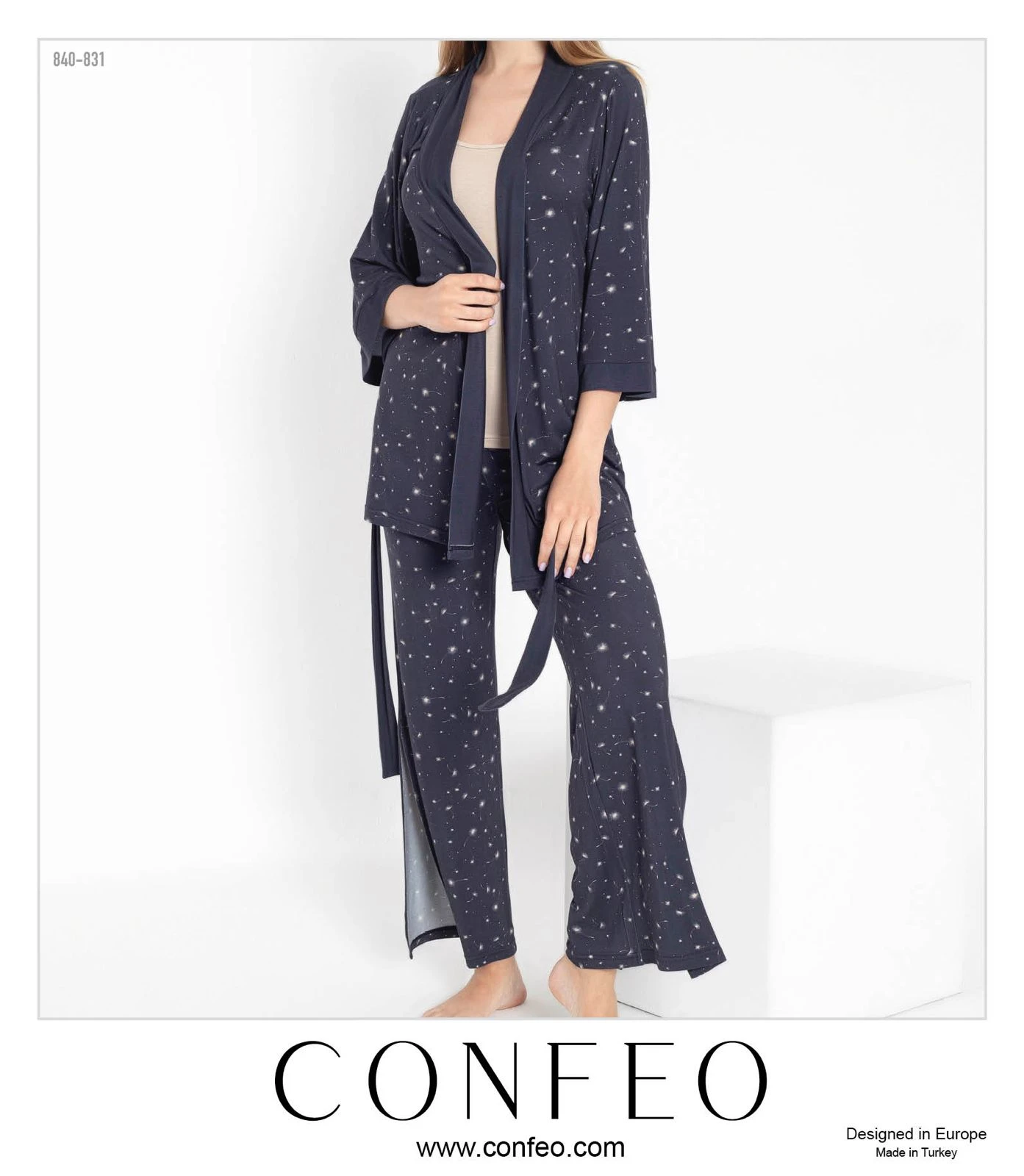 KADIN VİSKON GENİŞ KOL ÜST PİJAMA+SABAHLIK TAKIM C840-831