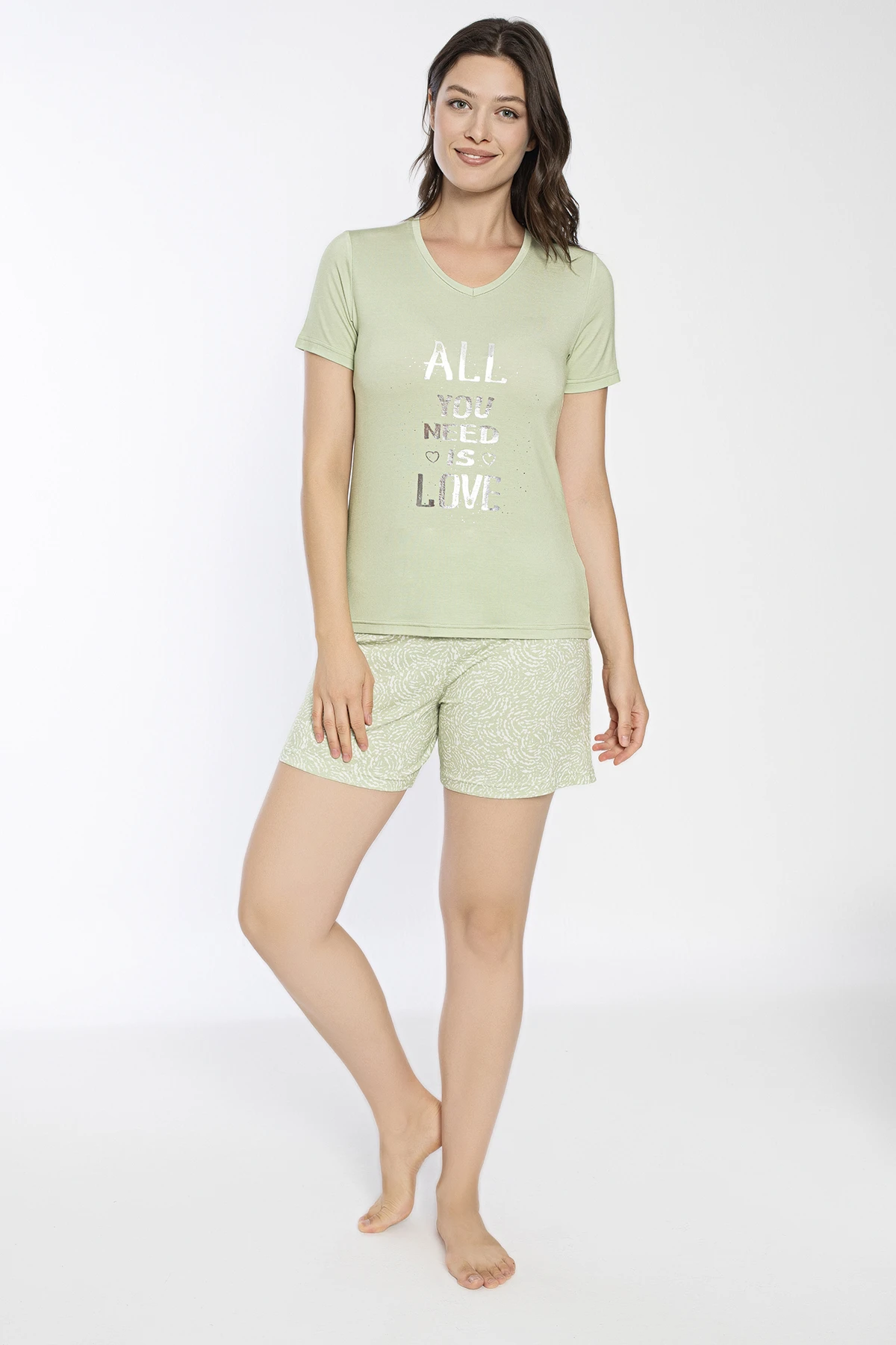 Kadın Viskon Kısakol Short Takım (Önü Baskılı) C840-710