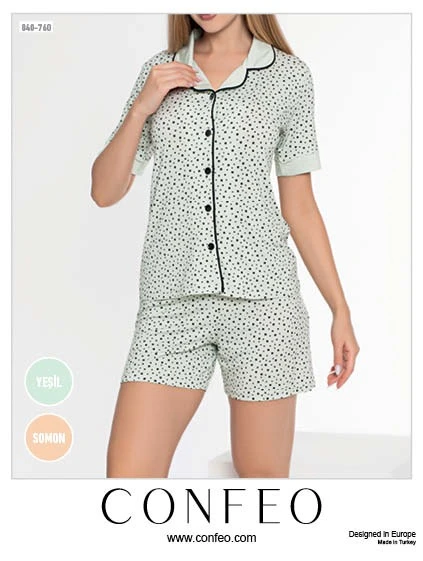 Kadın Önü Düğmeli Yıldızlı Şortlu Pijama Takımı C840-760