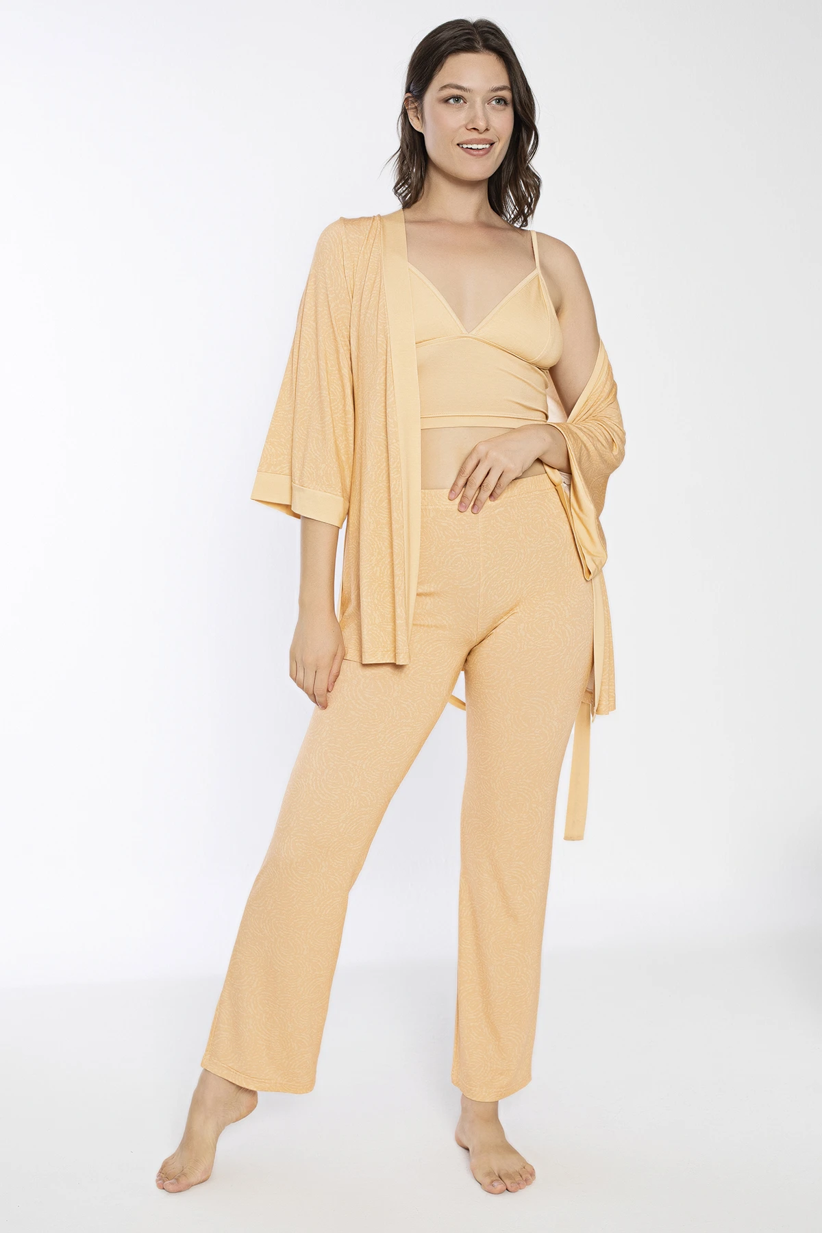 Kadın Viskon Krop Pijama+Sabahlık Takım C840-713