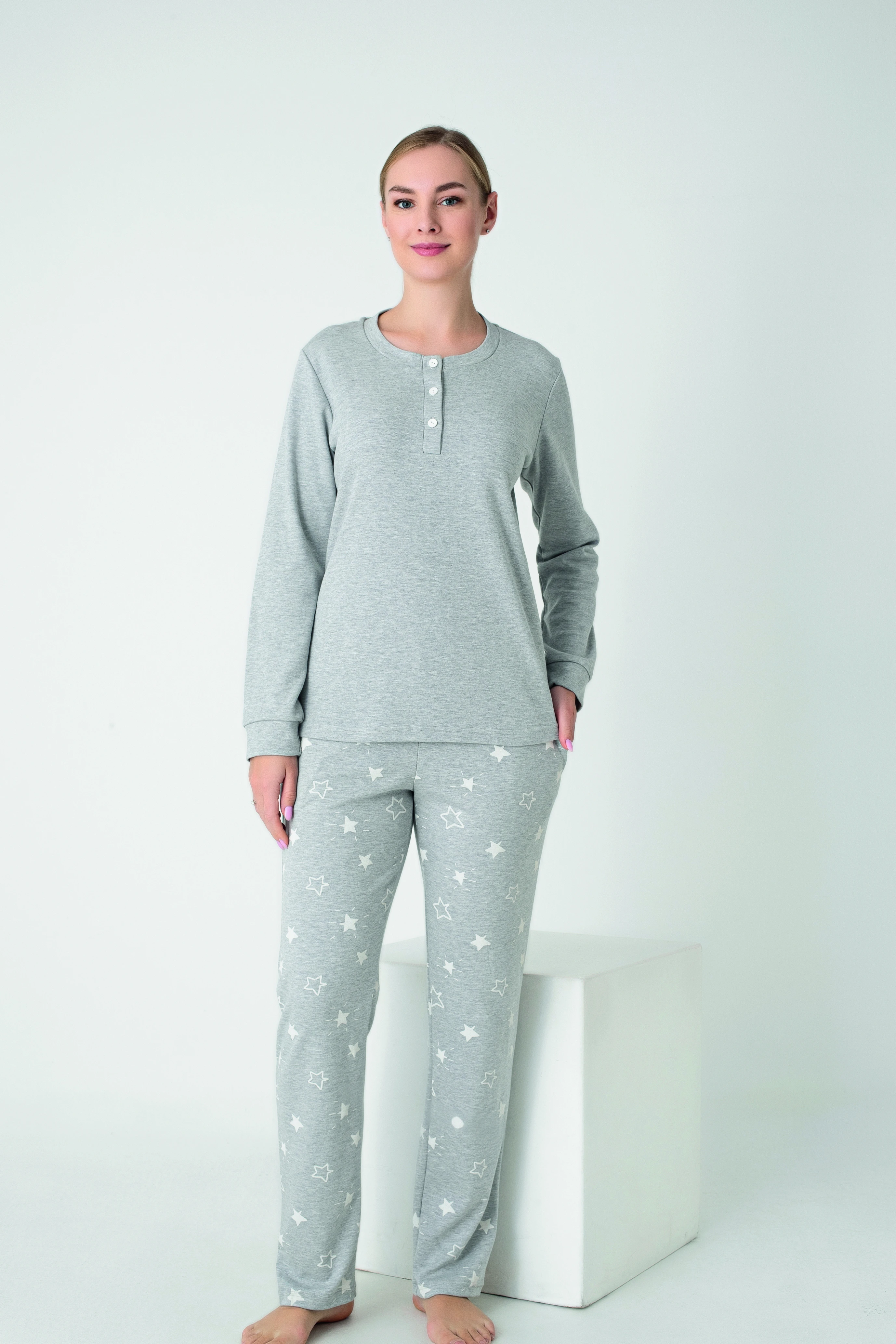 Kadın Penye İnterlok Patlı Uzunkol Pijama Takım C840-941