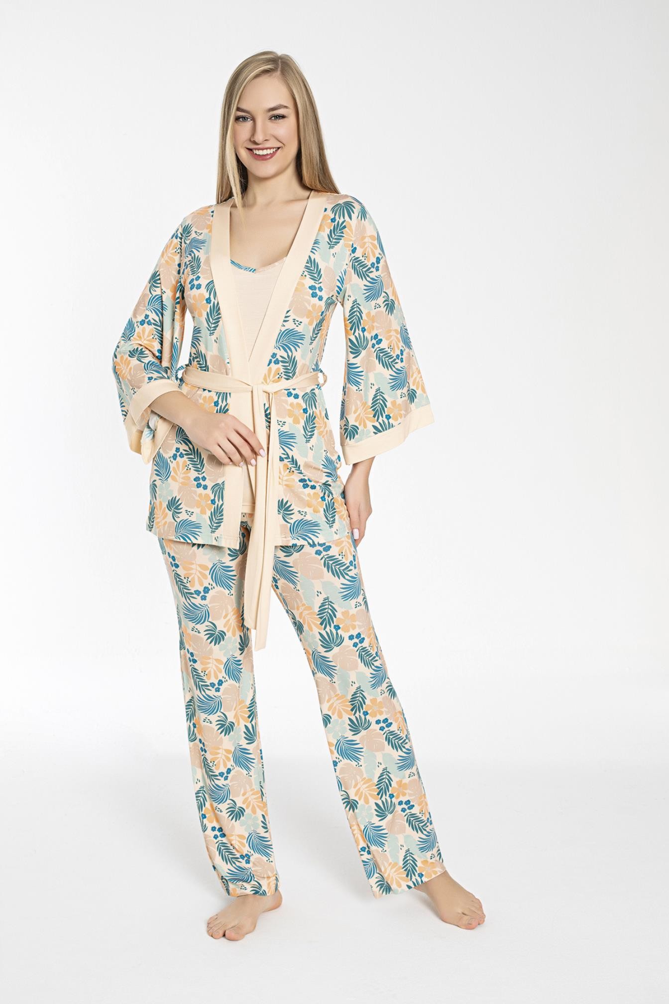 Kadın 3'lü İp Askılı Sabahlıklı Pijama Takımı C840-419