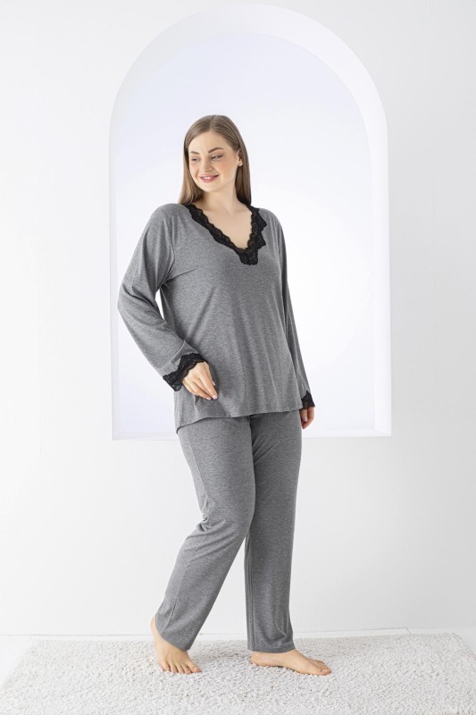 KADIN BATTAL VİSKON V YAKA UZUNKOL PİJAMA TAKIM C840-532