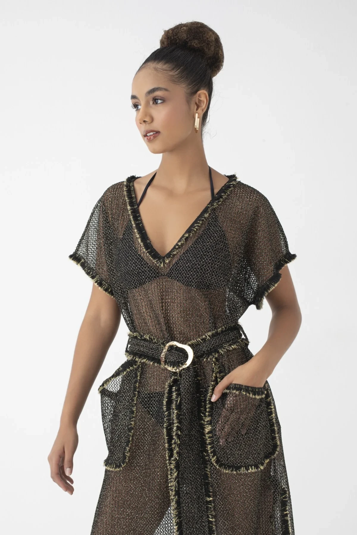 C860-004 KADIN KISAKOL KEMERLİ KAFTAN