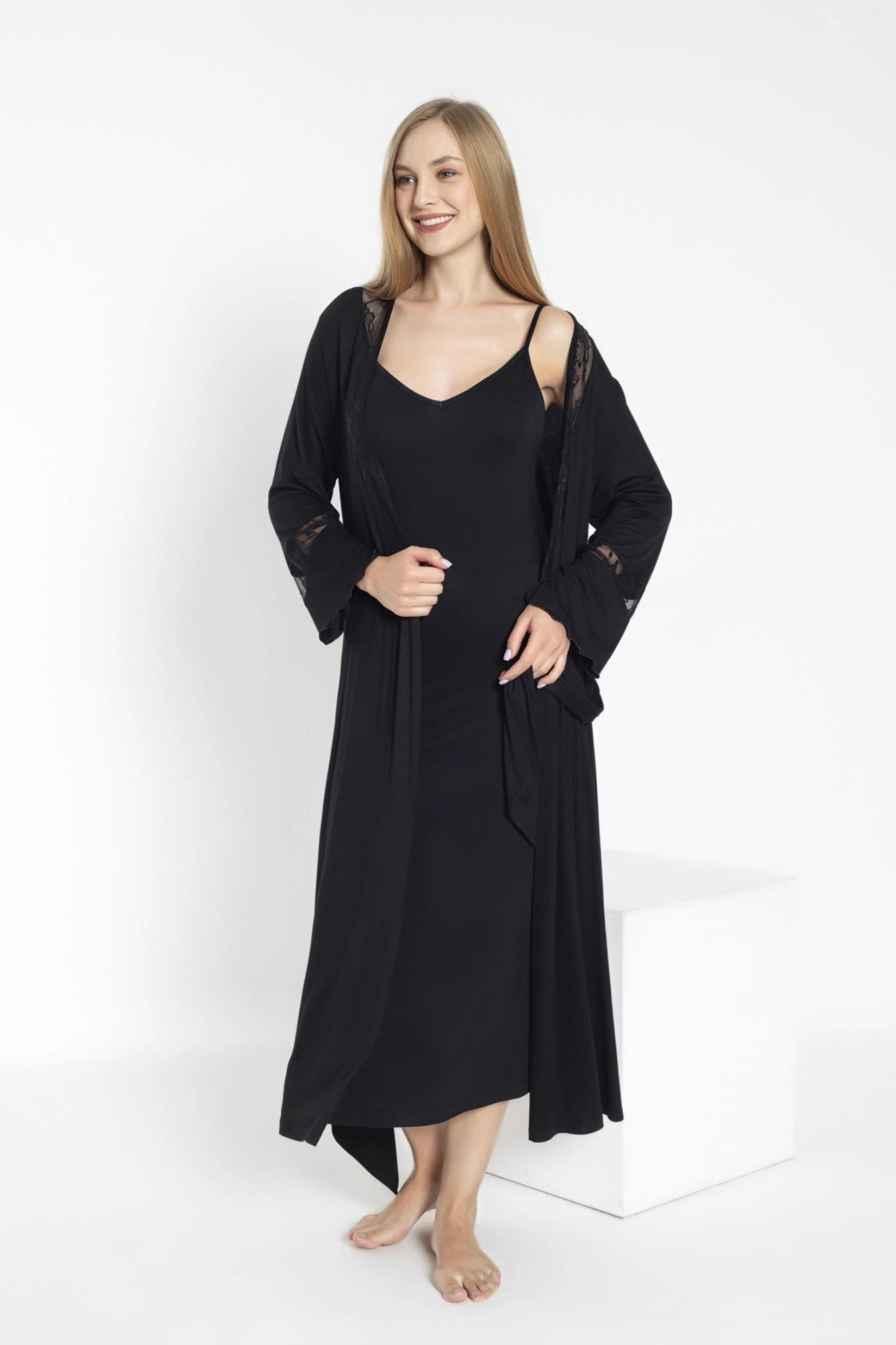 Kadın Viskon Dantelli İp Askılı Gecelik+Sabahlık TakımC840-812